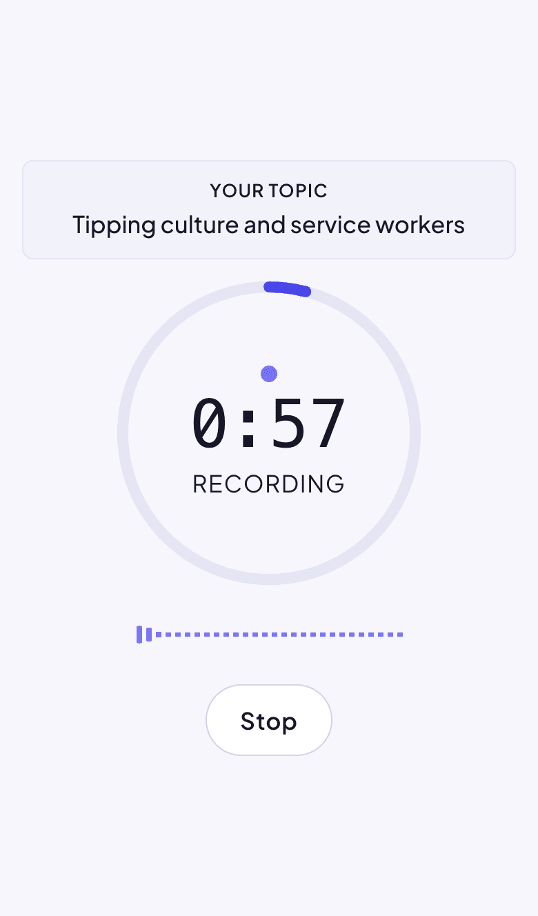 A one-minute recording in progress with a timer at 0:57