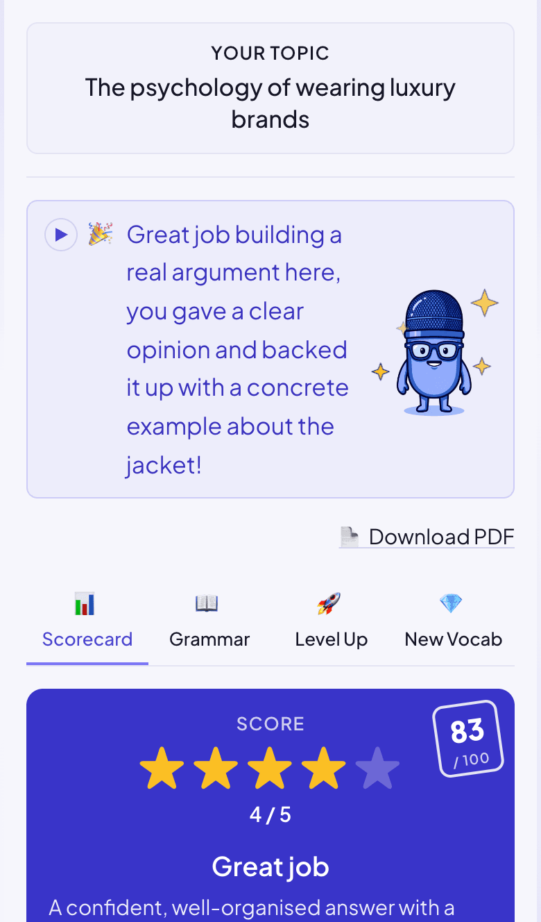 The feedback report with a score out of 5 and tabs for Scorecard, Grammar, Level Up and New Vocab
