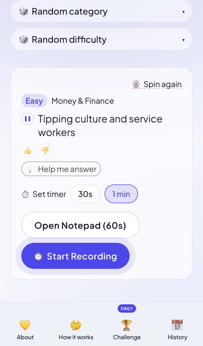 Spin & Speak showing a random topic, Social media algorithms, with a Start Recording button